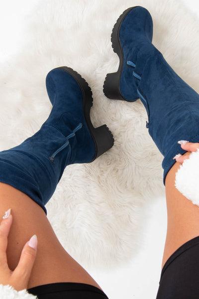 Blue Suede Platform Knee High Boots - Sandy