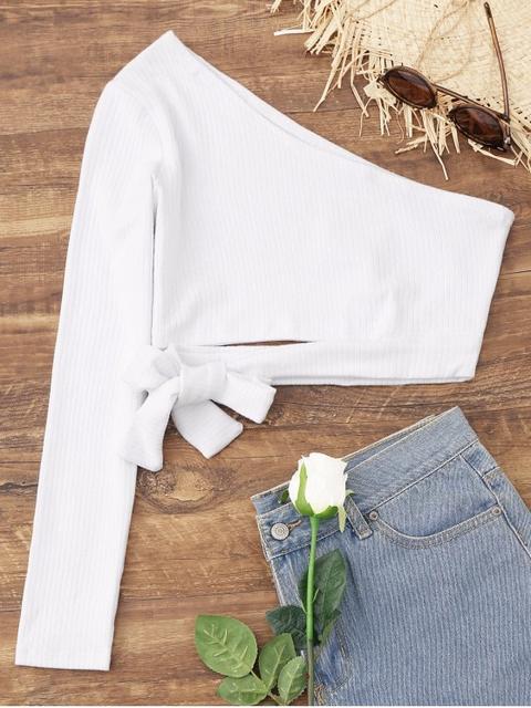 Tied One Houlder Crop Top White