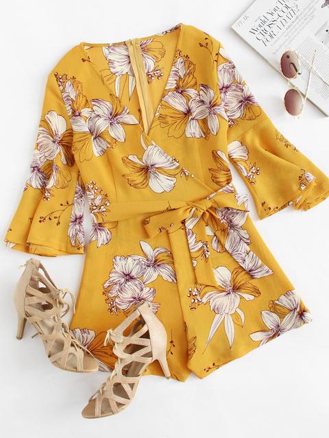 Fluted Sleeve Floral Print Self Tie Waist Romper