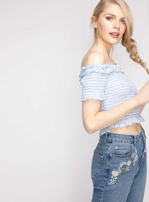 Blue Gingham Shirred Bardot Top