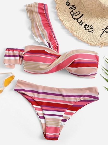 Bikini Asimmetrico A Righe Casuali