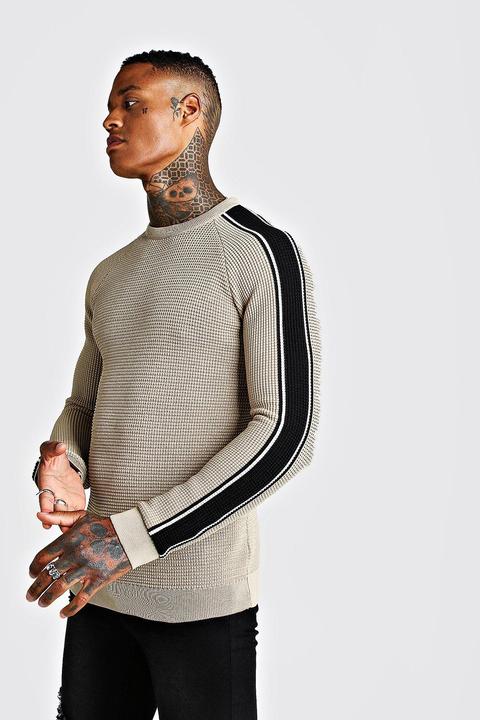 Mens Beige Long Sleeve Muscle Fit Knitted Side Stripe Jumper, Beige