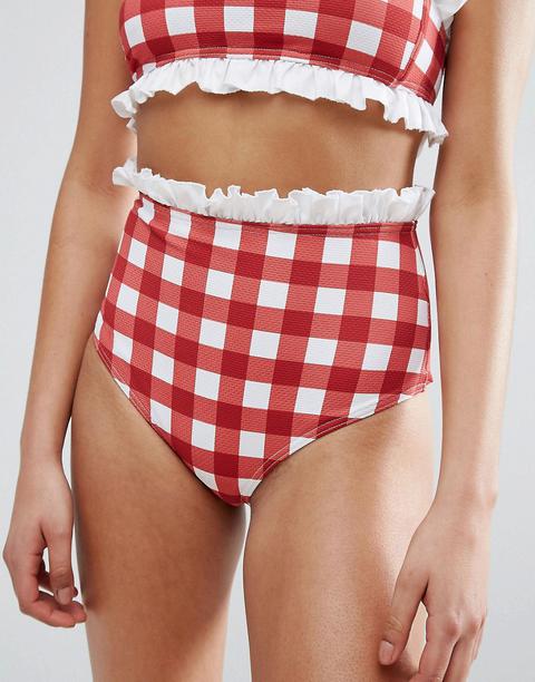 Braguitas De Bikini De Talle Alto De Algodón Con Estampado De Vichy Y Volante De Asos