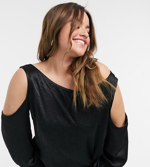 Blusa Negra Con Hombros Descubiertos De Satén De Elvi Plus-negro