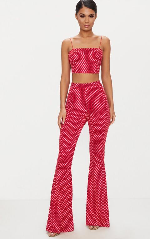 Red Polka Dot Flared Leg Trousers, Red