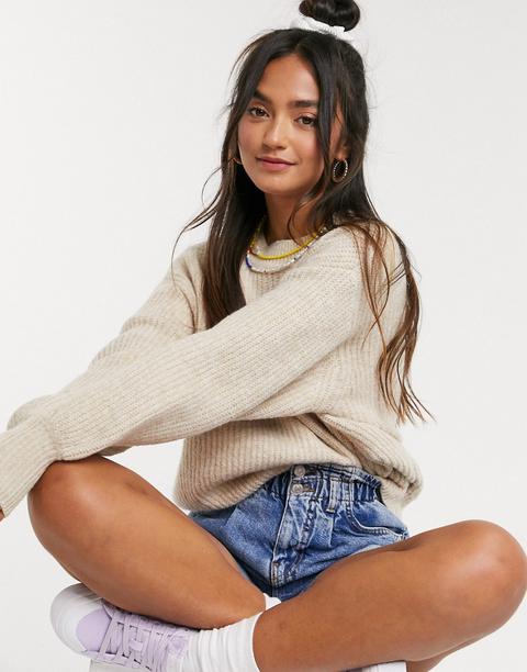 Asos Design Crew Neck Fluffy Jumper With Balloon Sleeve-white