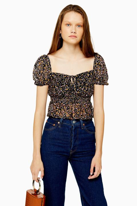 Womens Ditsy Floral Lace Top - Black, Black