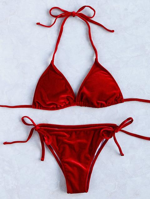 Set Bikini En Triángulo De Terciopelo Con Cordón De Lazo - Rojo