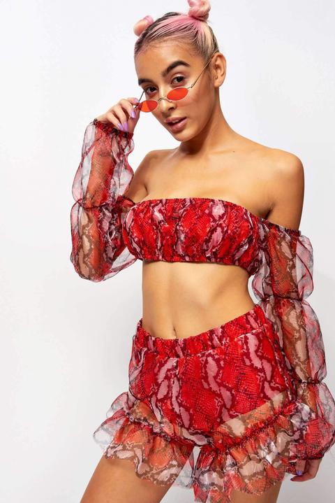 Red Snake Organza Puff Sleeve Top