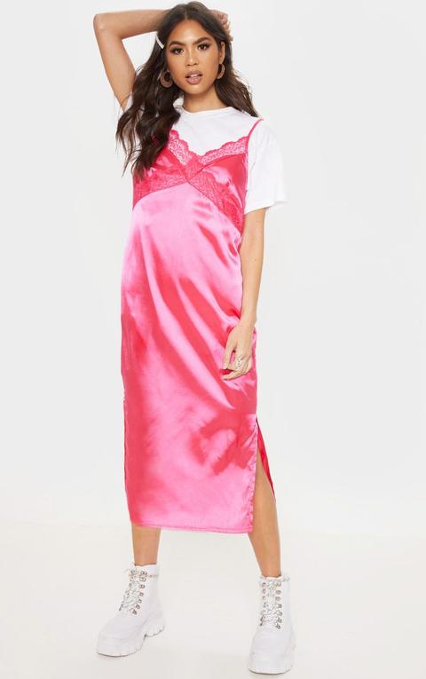 Hot Pink Lace Trim Midi Shift Dress