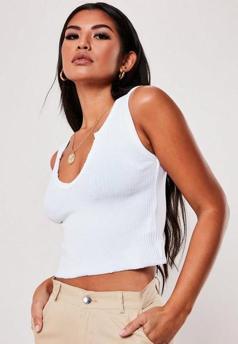 White Notch Neck Sleeveless Crop Top, White