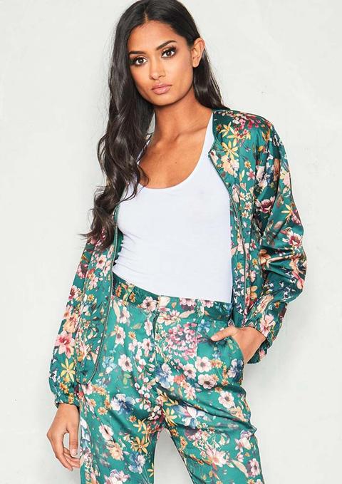 Felicia Green Satin Floral Bomber Jacket