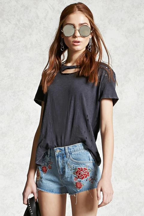 Embroidered Floral Denim Shorts