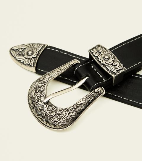 Black Leather-look Contrast Stitch Western Belt New Look