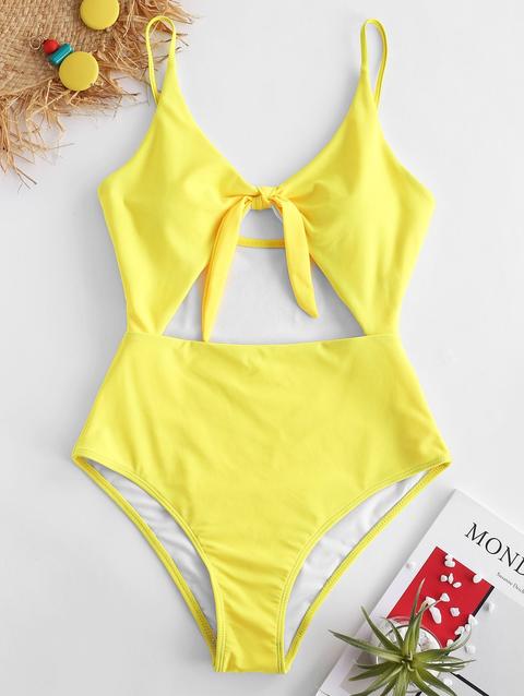 Zaful Knot Cut Out Costume Da Bagno Mustard Hazel Green