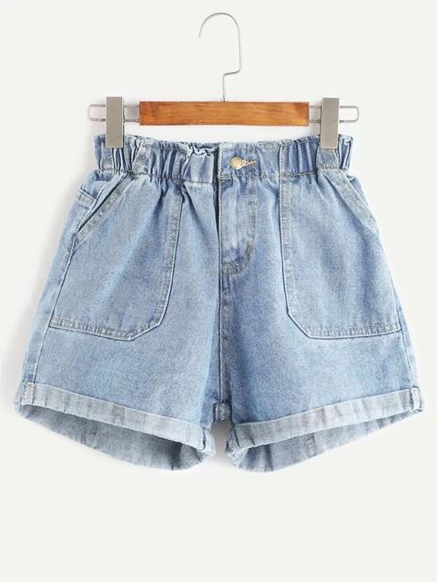 Shorts Cintura Elástica En Denim - Azul