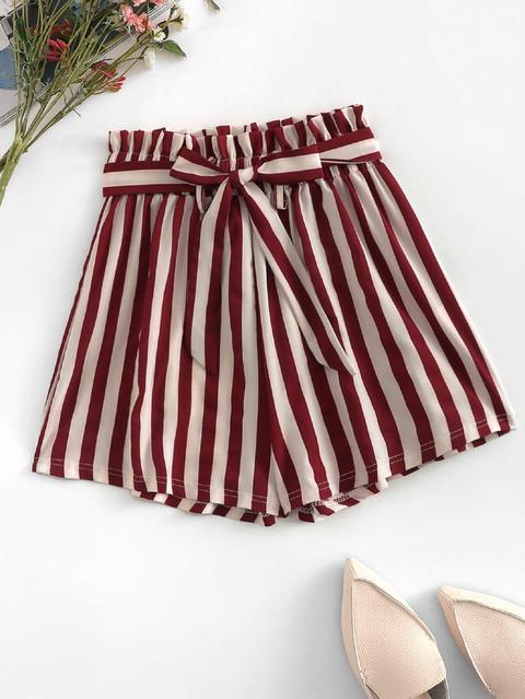 Shorts De Rayas De Cintura Con Lazo Ribete Fruncido