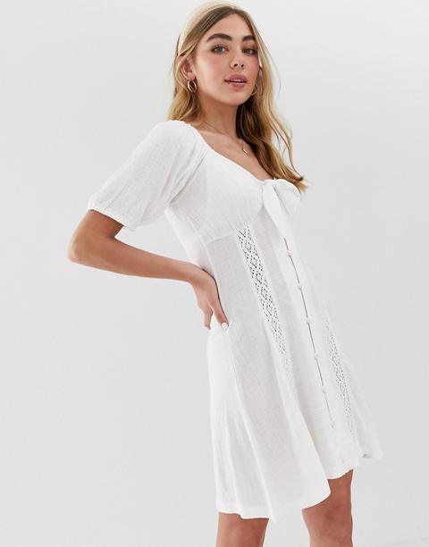 Vestido Veraniego Con Botones, Nudo En La Parte Delantera Y Manga Abombada De Asos Design-blanco