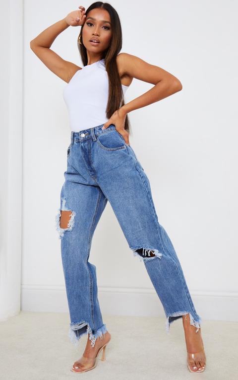 Prettylittlething Petite Mid Blue Wash Extreme Distressed Hem Boyfriend Jean