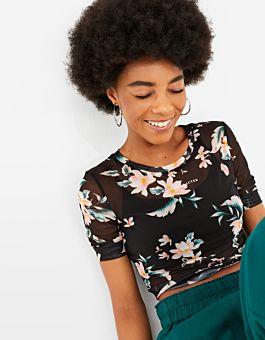 Schwarzes Mesh Top Mit Blumenmuster
