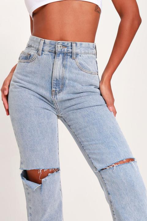 Mid Wash Slash Knee Straight Leg Denim Jeans