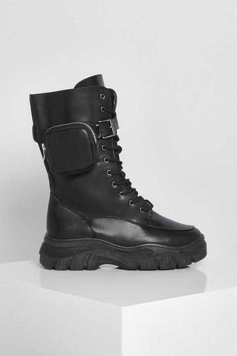 Pouch Detail Calf High Chunky Hiker Boot - Noir - 36, Noir