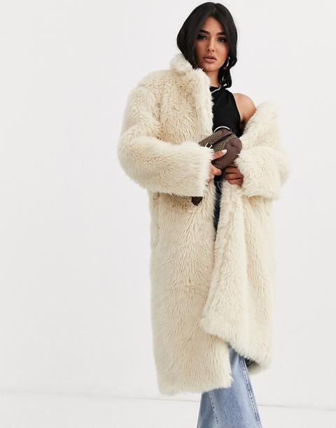 Asos Design Faux Fur Teddy Longline Coat In Cream