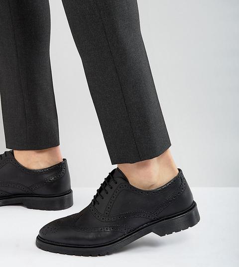 Asos Wide Fit Brogue Shoes In Black Leather With Ribbed Sole - Black