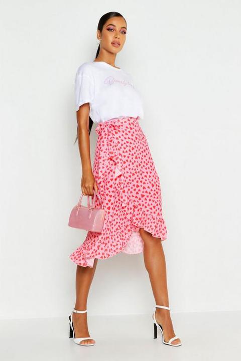 Womens Woven Heart Print Ruffle Midi Skirt - Pink - 10, Pink