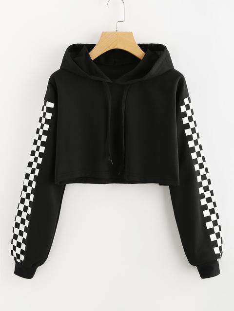 Contrast Checked Sleeve Crop Hoodie