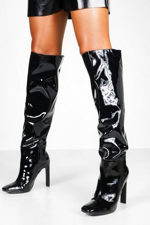 Womens Flat Heel Square Toe Knee Boots - Black - 5, Black