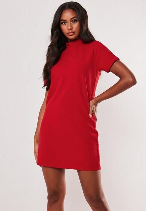 Red High Neck Shift Dress, Red