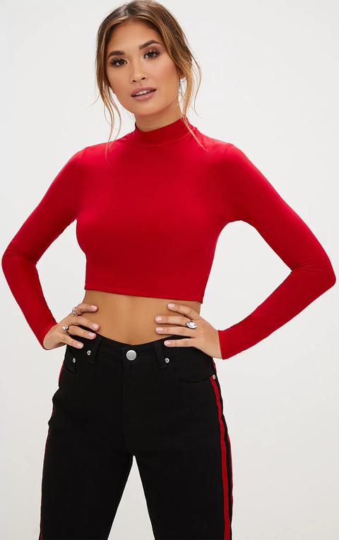 Red Slinky High Neck Longleeve Crop Top, Red