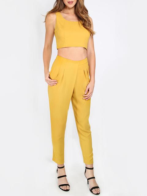 Top Cremallera Crop Con Pantalones Mostaza