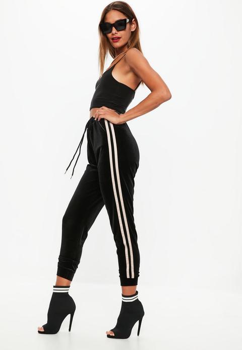 Black Velvet Double Stripe Joggers, Black