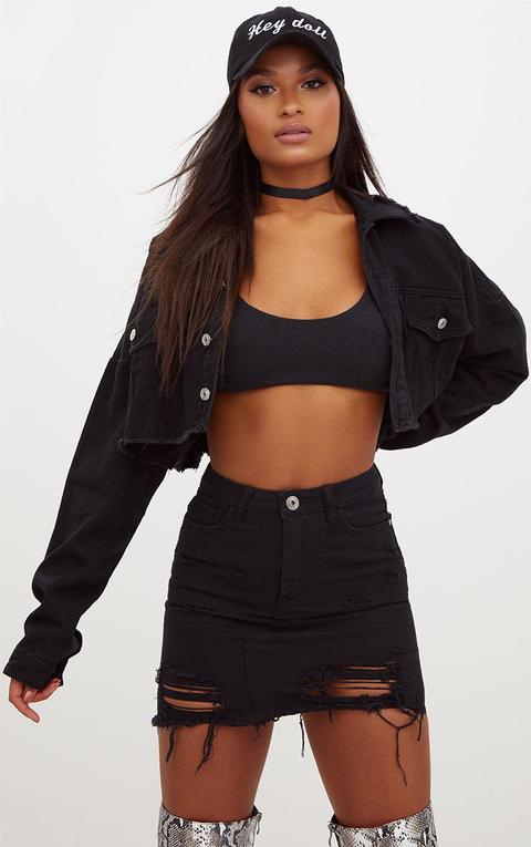Black Distressed Rip Denim Mini Skirt, Black