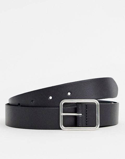 Asos Design - Ceinture Fine En Cuir À Boucle Argentée - Noir - Noir