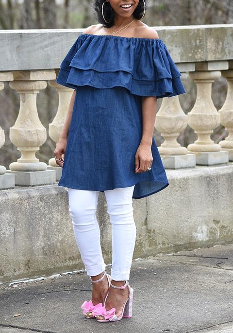 Denim Blue Plain Double-deck Ruffle Off-shoulder Cute Teens Jean Mini Dress