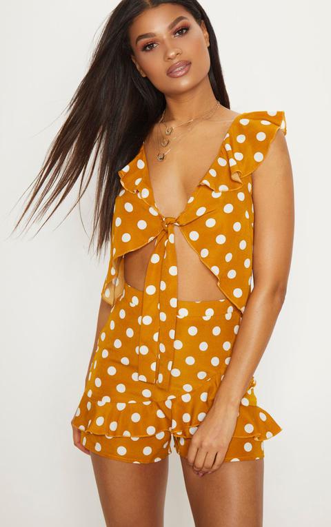 Mustard Polka Dot Tie Front Frill Detail Crop Top