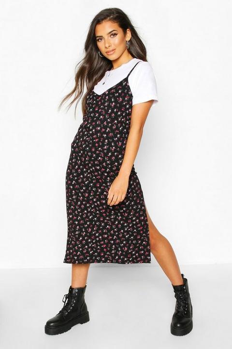 Womens Ditsy Floral Slip Midi Jersey Dress - Black - 14, Black