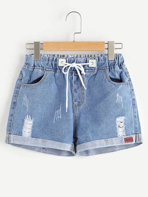 Distressed Drawstring Waist Cuffed Denim Shorts