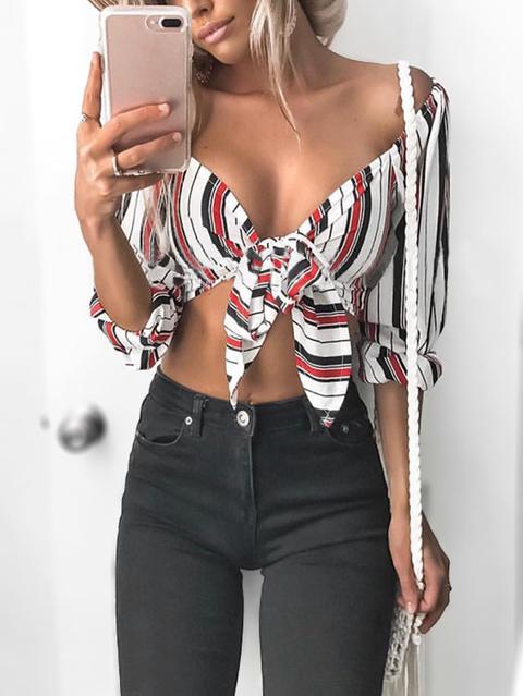 Sexy Bunte Streifen-binde-front Crop Top