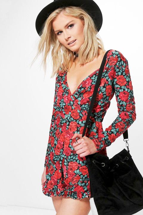 Rose Print Frill Hem Playsuit