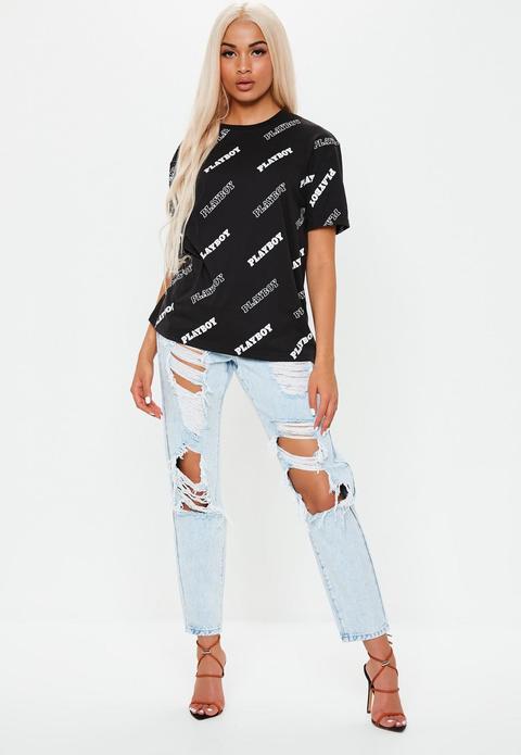 Playboy X Missguided Black Logo Repeat Drop Shoulder T Shirt