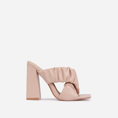 Larchmont Ruched Cross Strap Square Peep Toe Flared Block Heel Mule In Nude Faux Leather, Nude