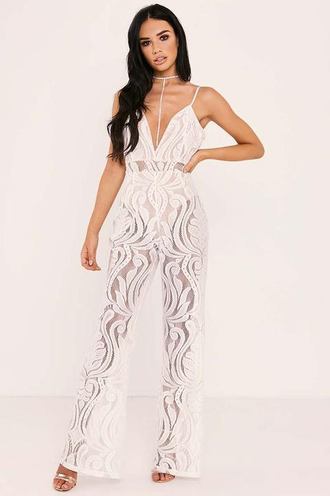 White Jumpsuits - Sarah Ashcroft White Flocked Lace Jumpsuit