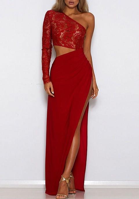 Maxi Abito Spacco Laterale In Pizzo Monospalla Manica Lunga Elegante Rosso