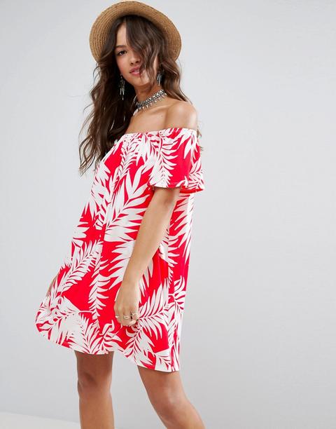 Vestido Veraniego Con Escote Bardot Y Estampado De Palmeras En Rojo De Asos
