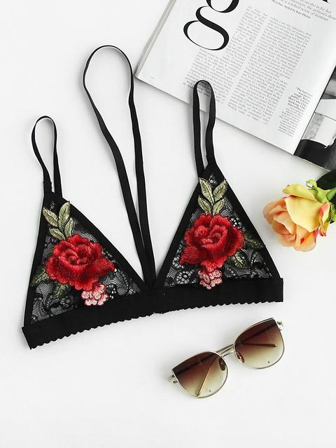 Halter Neck Rose Applique Scalloped Hem Lace Bralet