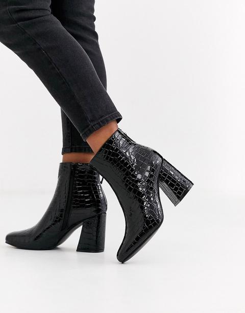 New Look Square Toe Flare Heel Croc Boot In Black